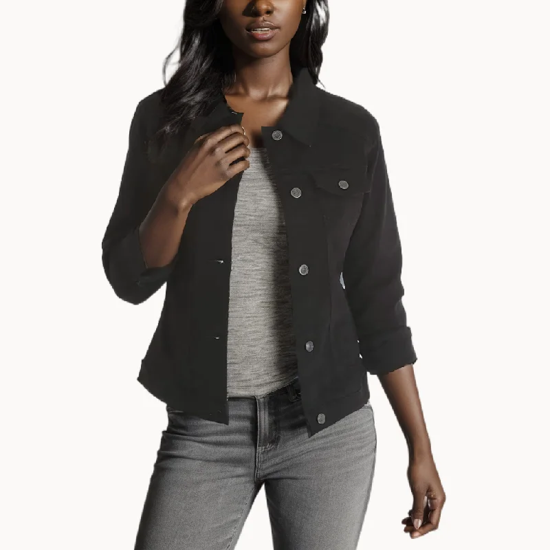 Country Blues Wasit Length Cotton Womens Denim Jacket Notch Collar Peter Pan Collar Cowl Neck