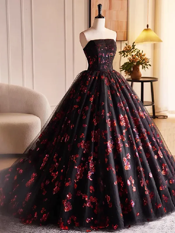 Black Tulle and Red Sequins A-Line Strapless Formal Party Dress Evening Gown, DP2479 Tunics Chic fashionable