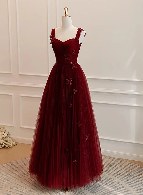 Wine Red Straps A-Line Tulle Long Party Dress Fprmal Evening Dress, DP2933 Tunics Silk luxurious