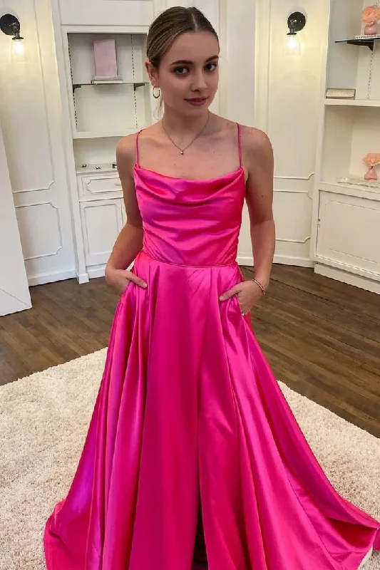 Hot Pink Scoop Neck Satin A-Line Long Party Dress with Slit, DP2622 Tunics Fall fleece