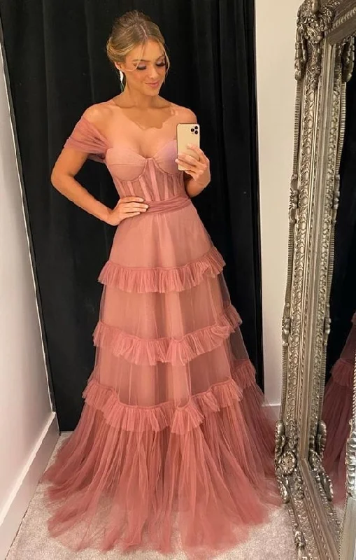 Pink Off Shoulder A-Line Tulle Long Party Dress,DP1782 Tunics Mesh breathable
