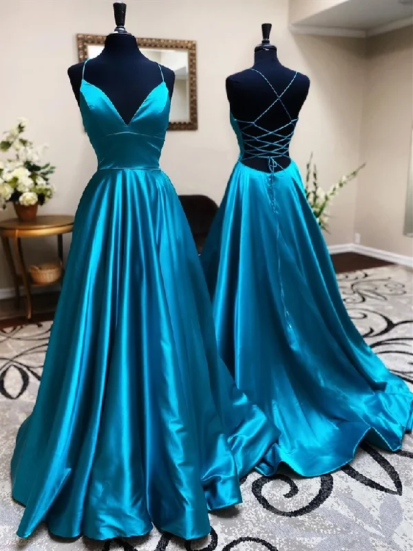 A Line V Neck Open Back Teal Satin Long Prom Dresses, Backless V Neck Blue Formal Evening Graduation Party Dresses Tunics Exclusive limited