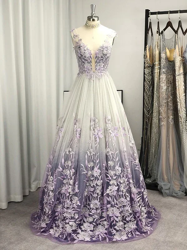 Charming V Neck Backless A-Line Flowers Appliques Formal Party Dress, DP2478 Tunics Trendy modern