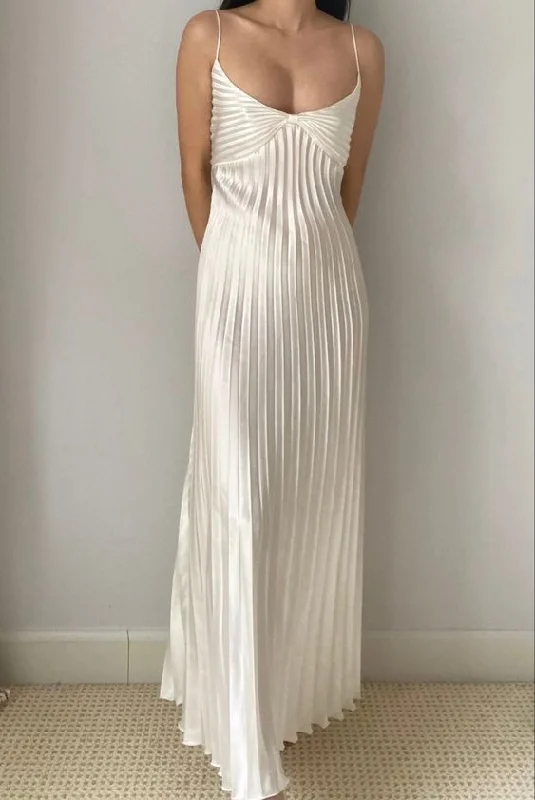 White Spaghetti Straps A-Line Pleated Elegant Long Party Dress, DP3206 Bodycon Fitted Nightout