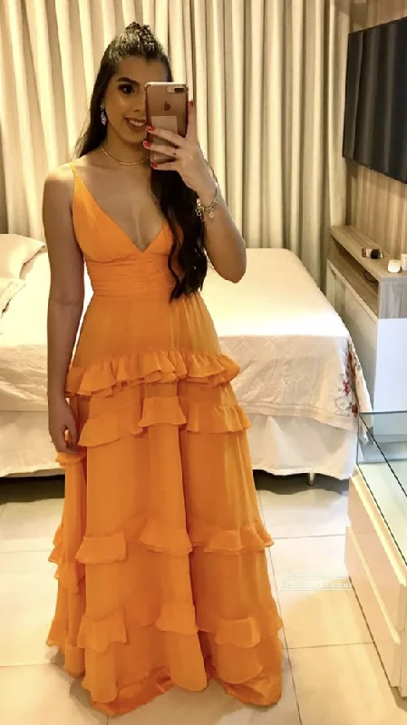 Orange Spaghetti Straps A-Line Ruffles Wedding Guest Dress Long Party Dress, DP3544 Tunics Summer linen