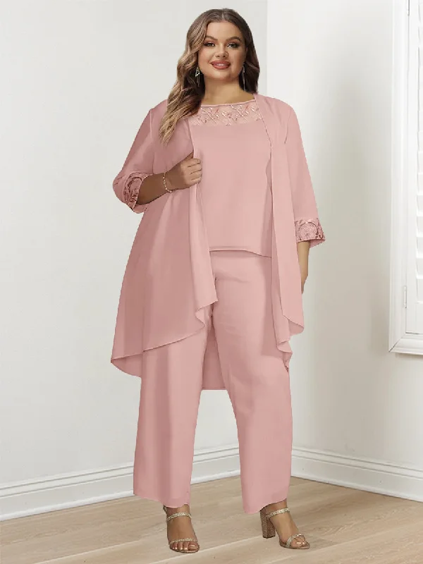 Chiffon Long Sleeves Plus Size Mother Of The Bride Pantsuits With Jacket Welt Pockets Slit Pockets Flap Pockets