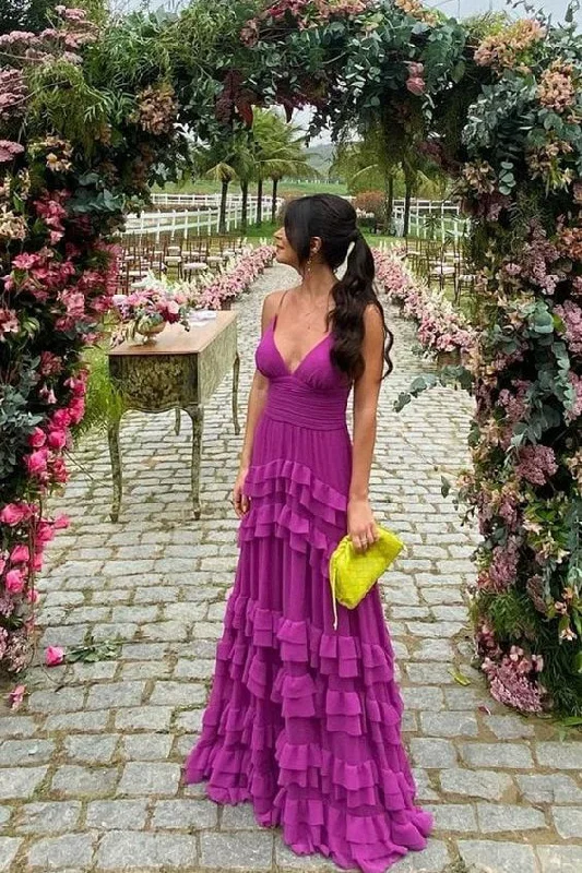 Purple Spaghetti Straps A-Line Layers Long Formal Party Dress, DP3537 Tunics Vintage classic