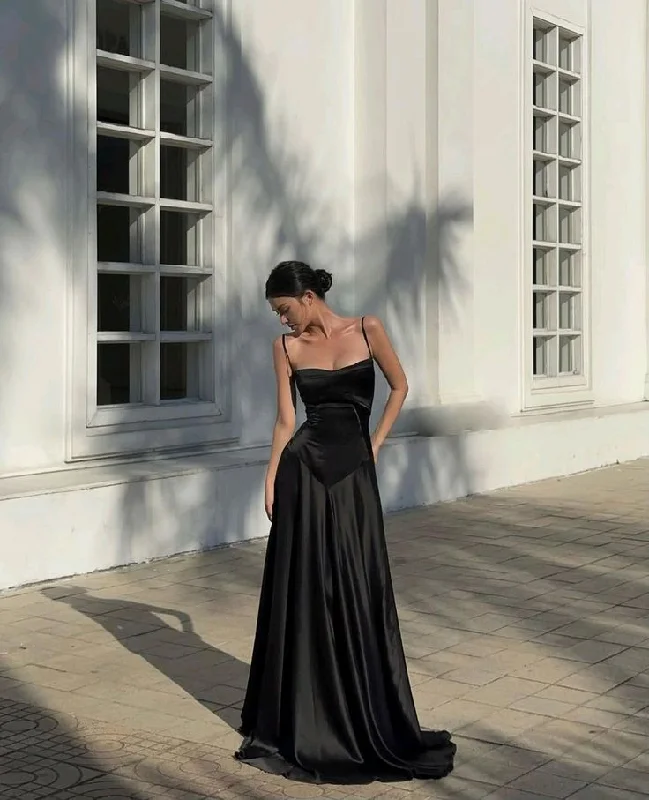 Black Spaghetti Straps A-Line Satin Elegant Long Party Dress,DP1994 Crew Neckline Sporty