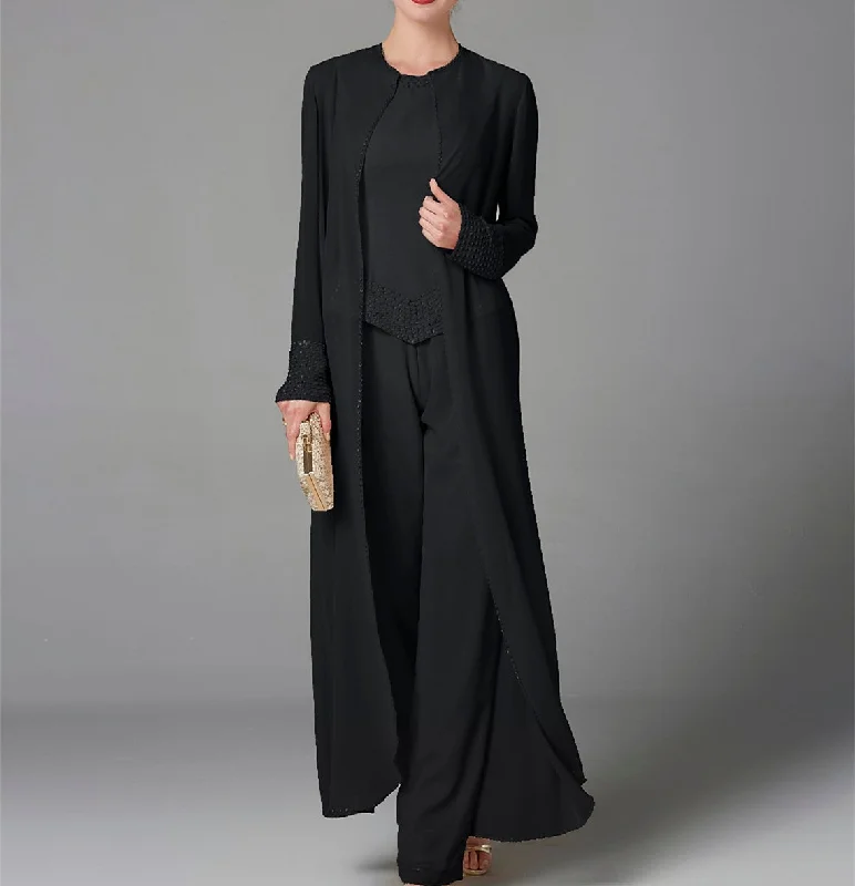 Chiffon Long Sleeves Mother of the Bride Pantsuits with Jacket & Sequins Knit Jacket Woven Jacket Fleece Jacket