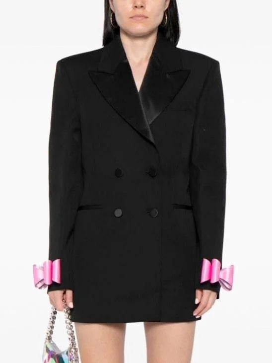 Bow-Cuff Double-Breasted Blazer Dress in Black Women's Luxurious Jacket