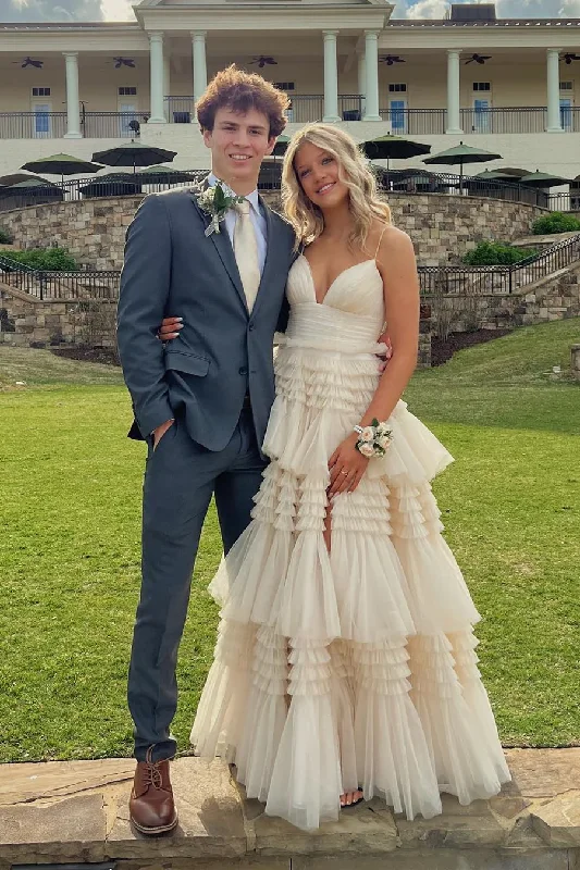 Light Champagne A-Line Tiered Ruffles Long Party Dress Ball Gown,DP1813 empire Waist empire