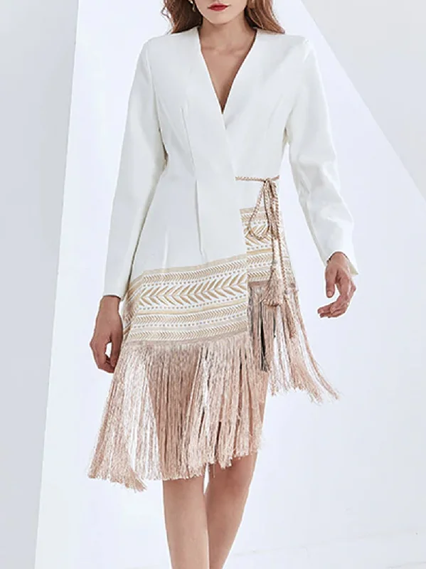 ACES Tasseled Blazer-Dress in White Women's Trendy Suit