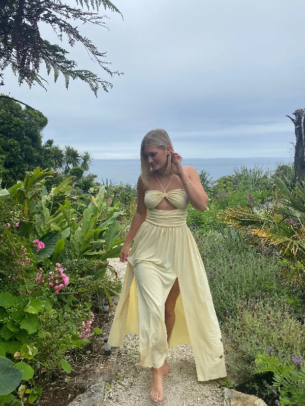 Light Yellow Backless A-Line Long Party Dress with Slit, DP2457 Tunics Stylish modern