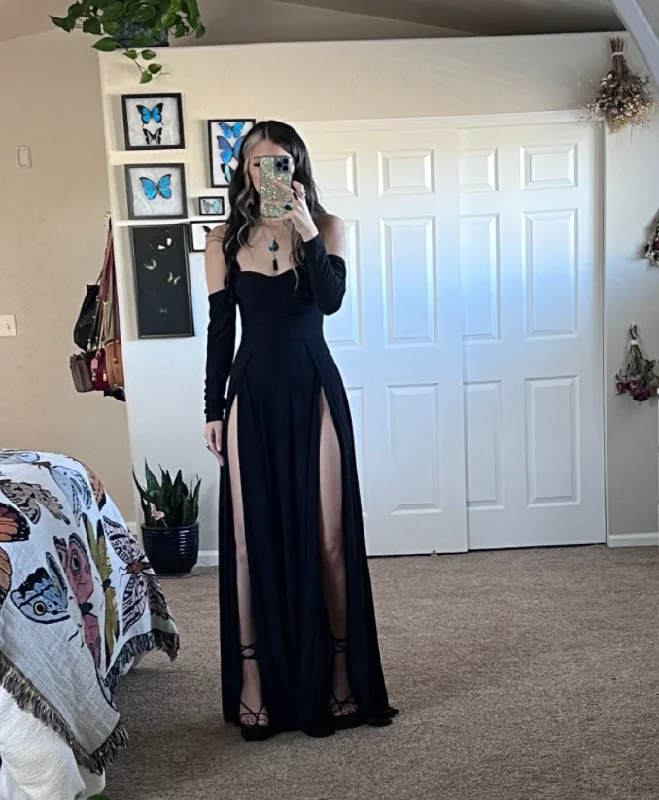 Black Unique A-Line Long Evening Party Dress with Split, DP3236 Chiffon Maxi Beach