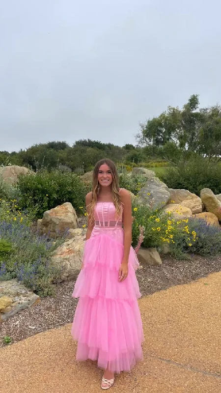 Pink Straps A-Line Tulle Layers Long Party Dress,DP1874 Tunics Luxurious high-end