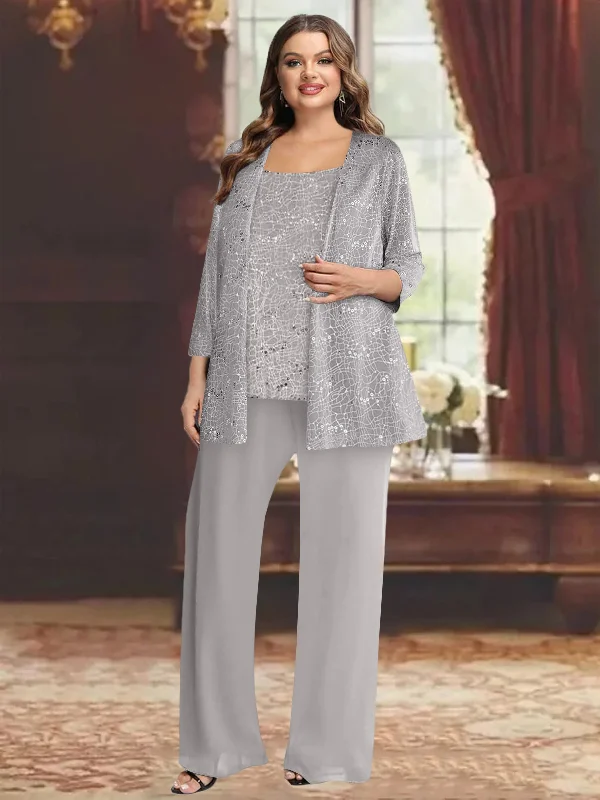 Chiffon Plus Size Mother of the Bride Pantsuits with Jacket & Sequins Lace Jacket Ribbed Jacket Sequined Jacket
