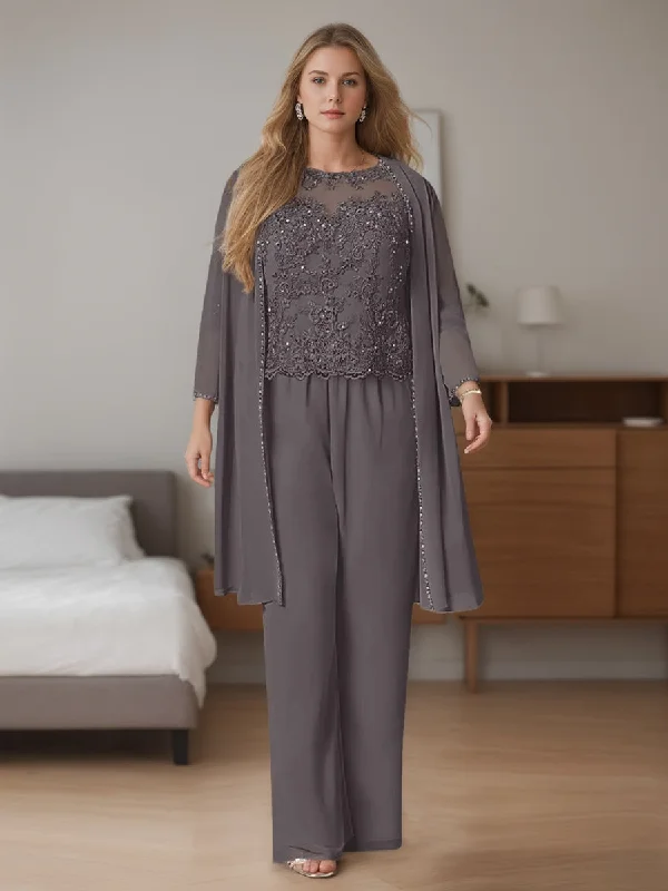Chiffon 3 Pieces Scoop Neck Long Sleeves Floor-Length Plus Size Mother Of The Bride Pantsuits With Jacket Knit Fabric Woven Fabric Fleece Fabric