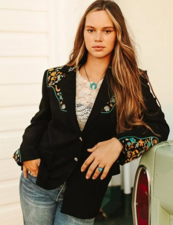 LADIES BLACK SUEDE "LUCKY" EMBROIDERED BLAZER Women's Unique Blazer