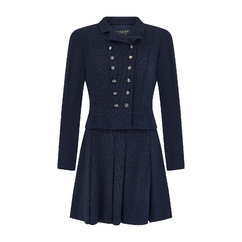 1995 Chanel Navy and Cream Dress and Jacket Suit Rayon Fabric Velvet Fabric Corduroy Fabric