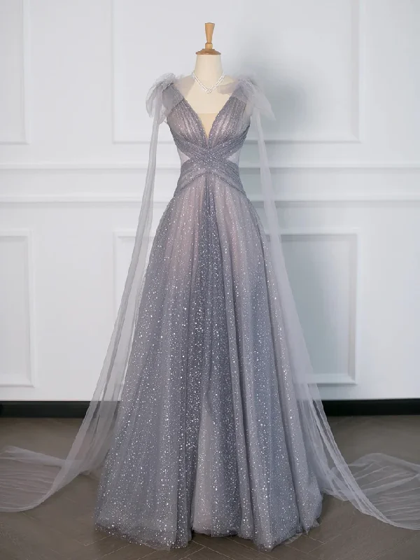 Gray Tulle V-Neck A-Line Backless Elegant Evening Party Dress, DP2481 Tunics Versatile stylish