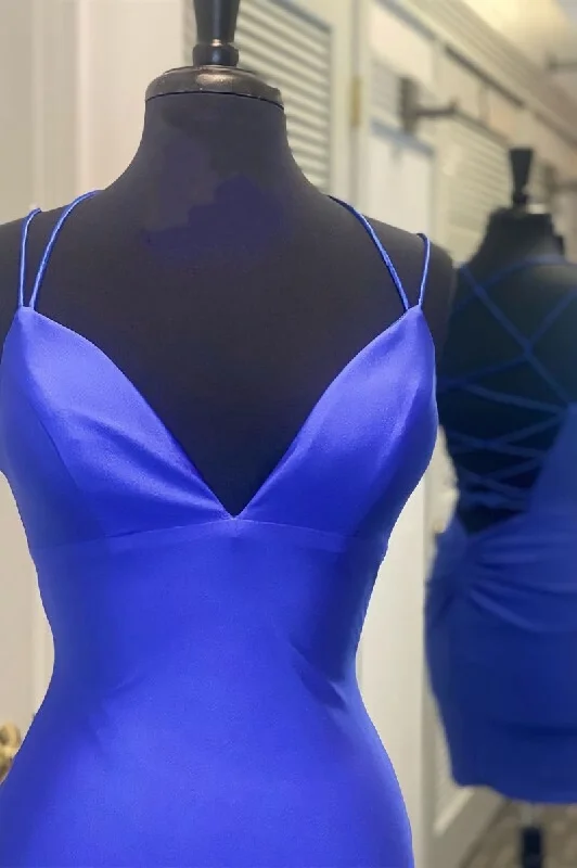 Tight Royal Blue Short Party Dress with Spaghetti Straps Cocktail Dress Tunics Polka dots