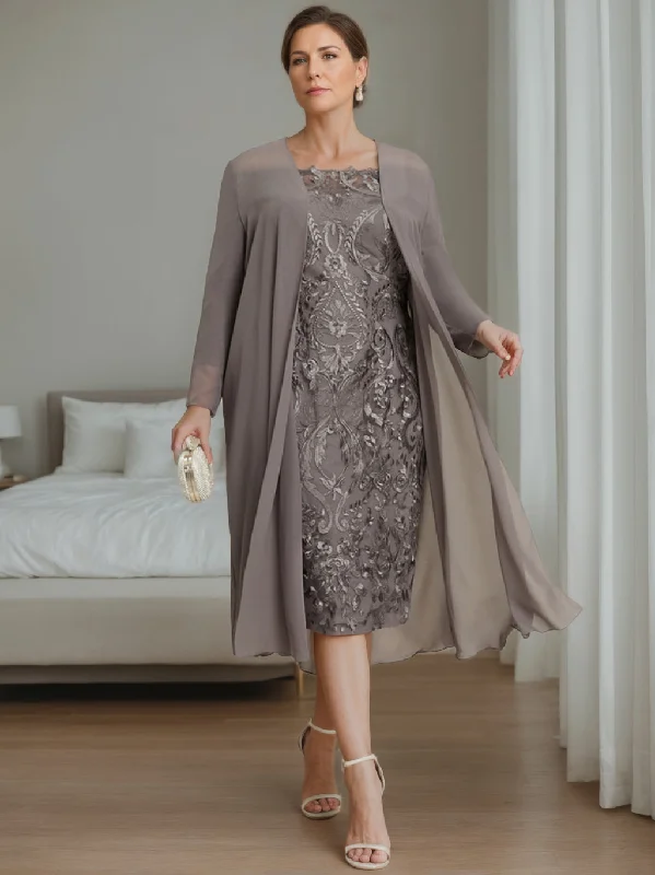 Sheath/Column Off-the-Shoulder 3/4 Length Sleeves Knee-Length Plus Size Mother of the Bride Dresses with Jacket Corduroy Jacket Velvet Jacket Brocade Jacket