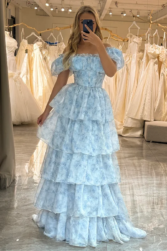 Pale Blue A-Line Layers Chiffon Long Party Dress Evening Gown,DP1807 Boat Neckline Classic