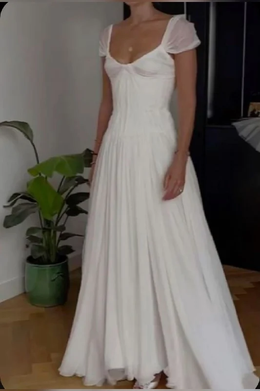 White Pleated A-Line Party Dress Light Wedding Dress, DP2704 Tunics Bridal satin