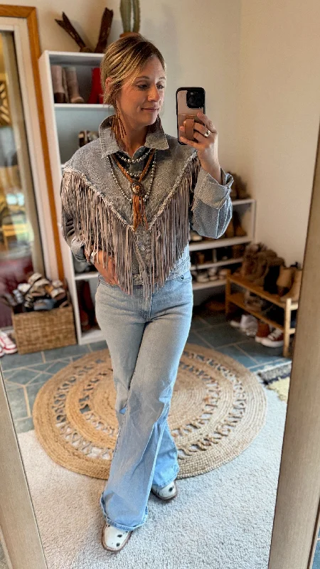 Tessa Fringe Denim Jacket One-Shoulder Jacket Off-the-Shoulder Jacket Asymmetrical Jacket