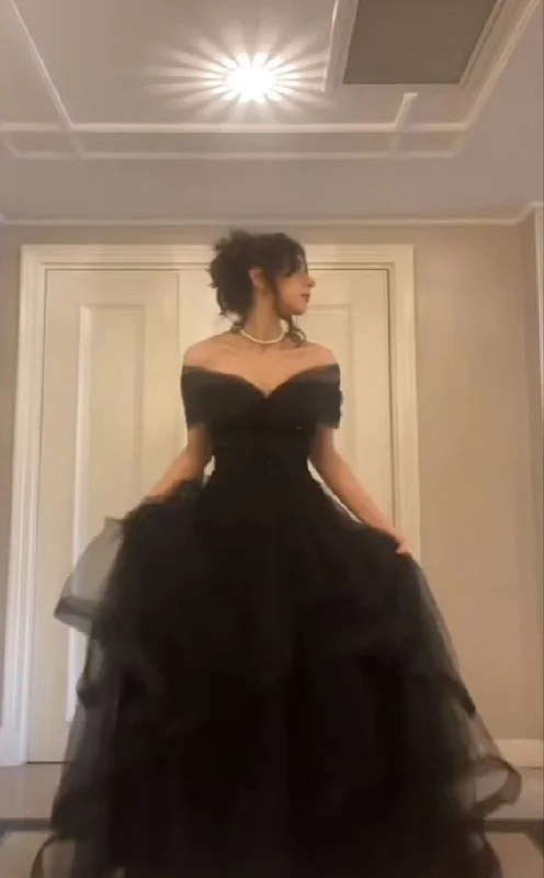 Black Off Shoulder A-Line Tulle Party Dress Formal Prom Dress, DP2840 Tunics Distressed trendy