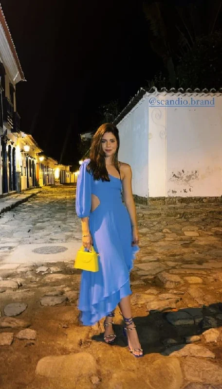 Blue One Shoulder A-Line Asymetrical Long Party Dress Wedding Guest Dress, DP3341 Tunics Fashionable trendy