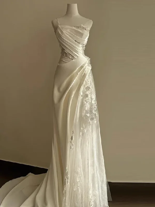 Elegant White A-Line Birthday Party Dress Lace Wedding Dress, DP3171 A-Line Day Work