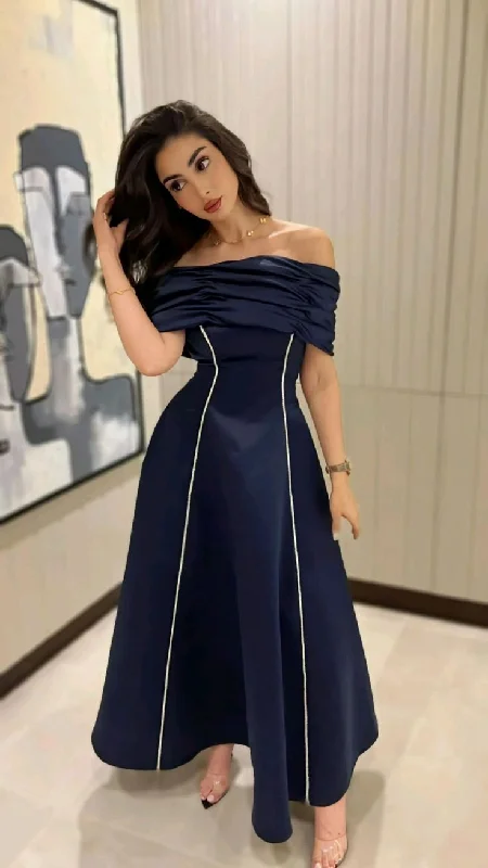 Dark Navy Off Shoulder A-Line Long Formal Party Dress Evening Gown, DP3484 Tunics Custom made