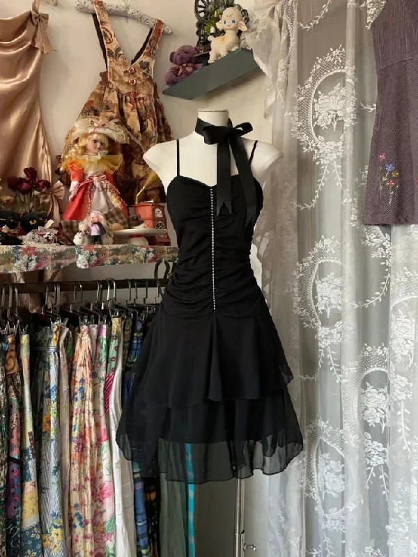 Black Straps A-Line Chiffon Short Party Dress Homecoming Dress, D115 Tunics Formal black