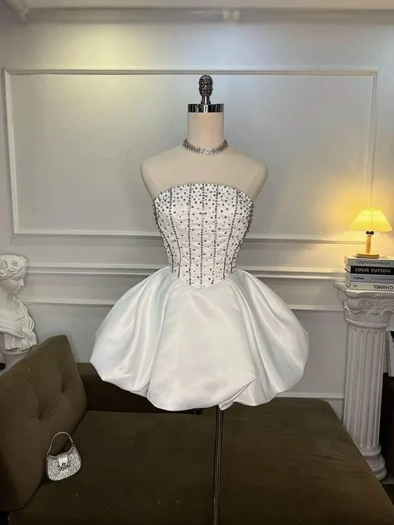 White Strapless A-Line Satin Beading Lovely Short Party Dress, DP2723 Tunics Party sparkling