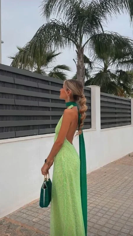 Green Halter Backless A-Line Long Party Dress Wedding Guest Dress,DP1928 Tunics Recommended stylist