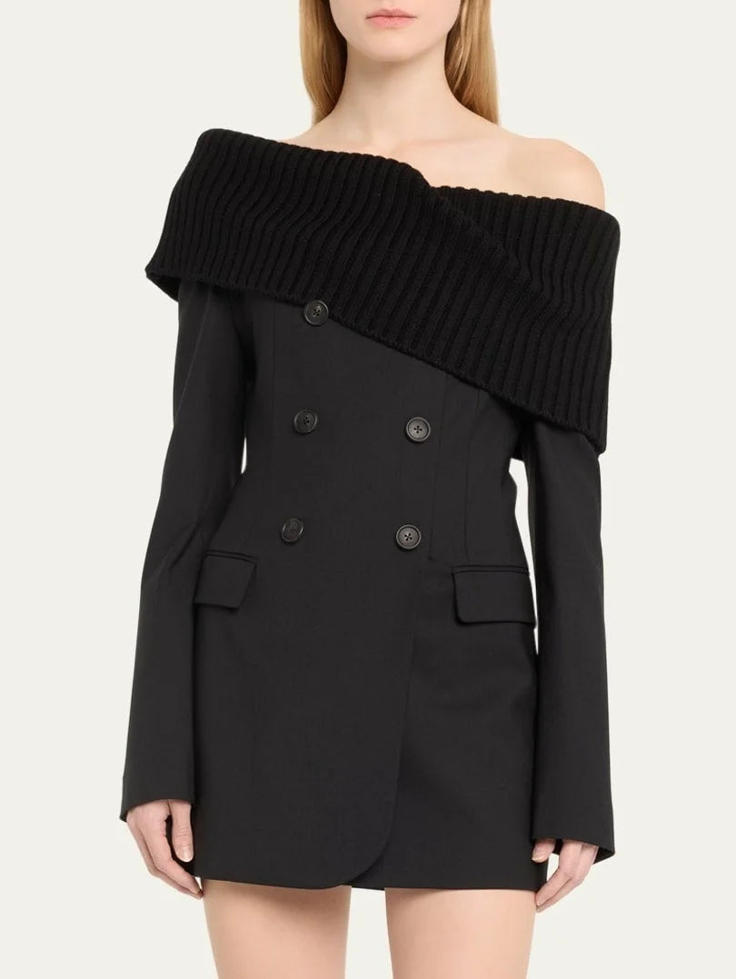 Black Knit Off-Shoulder Double-Breasted Mini Blazer-Dress Women's Unique Blazer