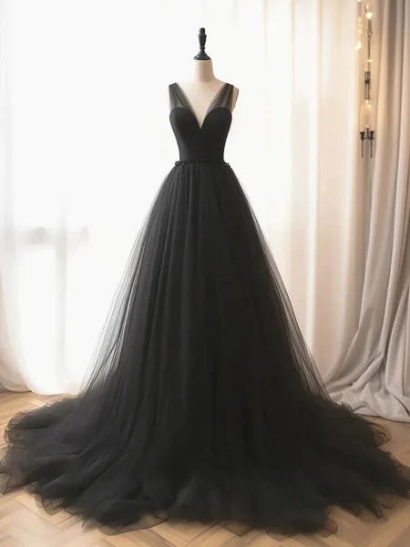 Black V Neck A-Line Tulle Formal Party Dress Evening Gown, DP2258 Tunics Short Trendy