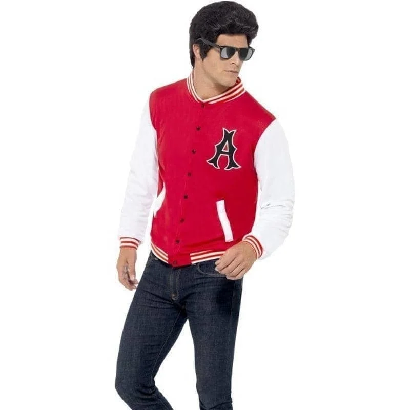 50s College Jock Letterman Jacket Adult Red White Front Pockets Side Pockets Patch Pockets