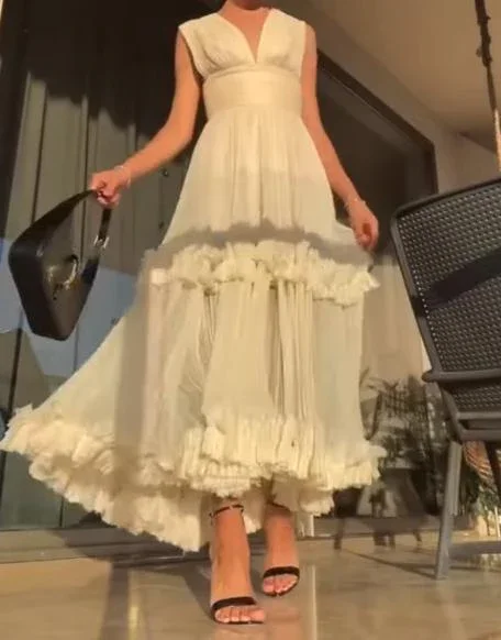 White V Neck A-Line Elegant Long Party Dress, DP2120 Tunics Designer luxury