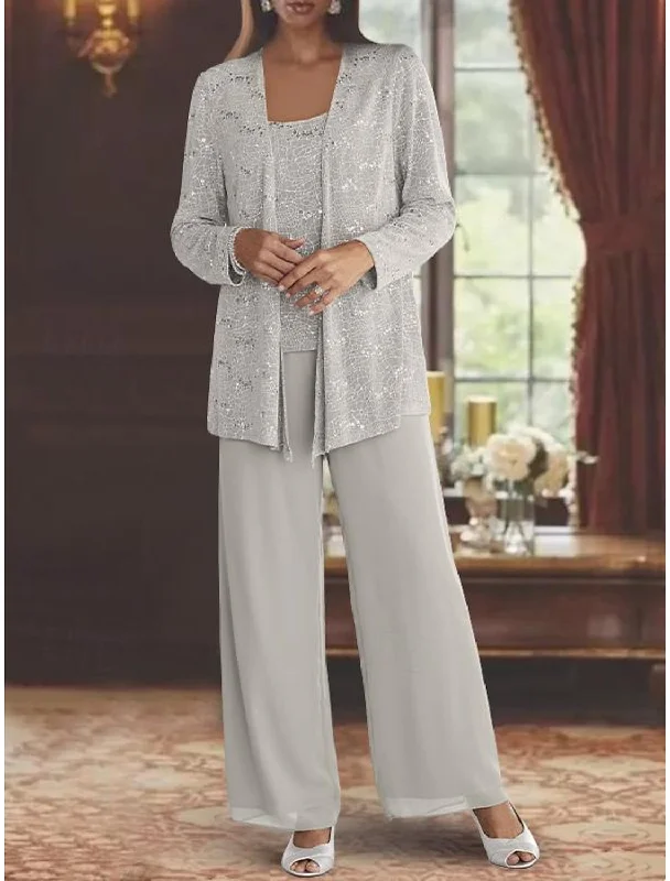 Chiffon Mother of the Bride Pantsuits with Jacket & Sequins Notch Collar Jacket Peter Pan Collar Jacket Cowl Neck Jacket
