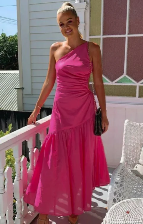 Hot Pink One Shoulder A-Line Long Party Dress, DP2458 Tunics Fashionable trendy