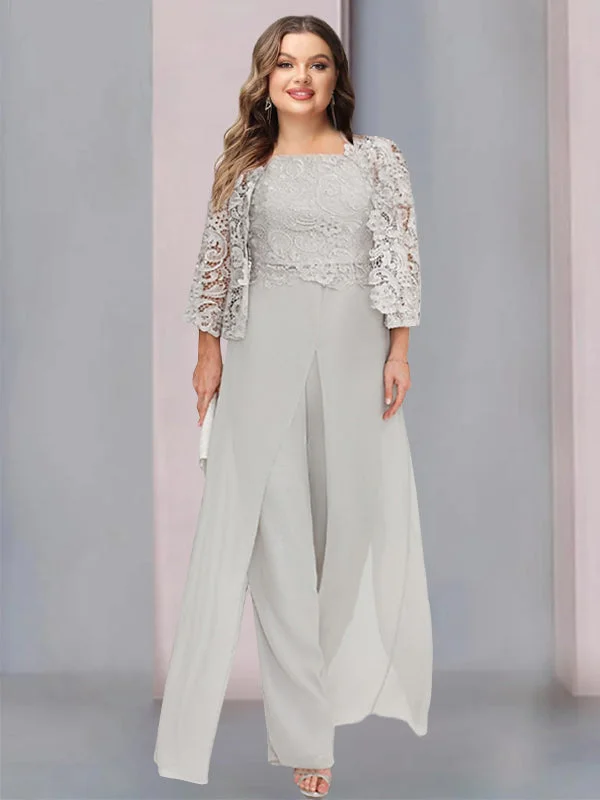 Chiffon Square Neck Floor-Length Plus Size Mother of the Bride Pantsuits with Jacket & Split Side Front Pockets Side Pockets Patch Pockets