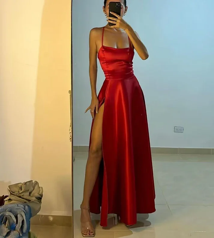Charming Red A-Line Satin Long Party Dress with Slit, DP2445 Tunics Practical easy-care