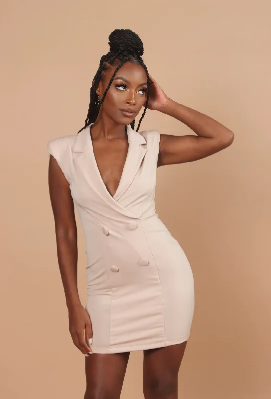 Chi Beige V-Neck Blazer Dress Women's Handmade Blazer