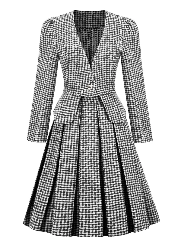 2PCS Black Retro Plaid Blazer & Panel Skirt Women's Daily Blazer