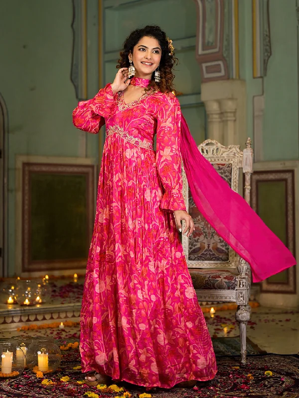 Rani Pink Digital Print Zardozi Work Chinon fabric Long Party Dress with Organza Dupatta Tunics Spring floral