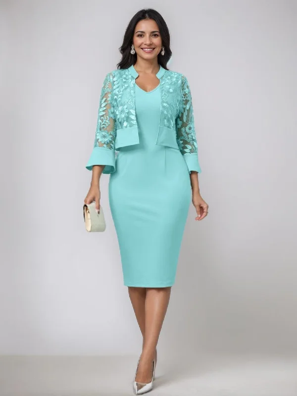 Sheath/Column V-Neck Tea-Length Mother of the Bride Dresses with Appliques & Jacket Nylon Jacket Polyester Jacket Spandex Jacket
