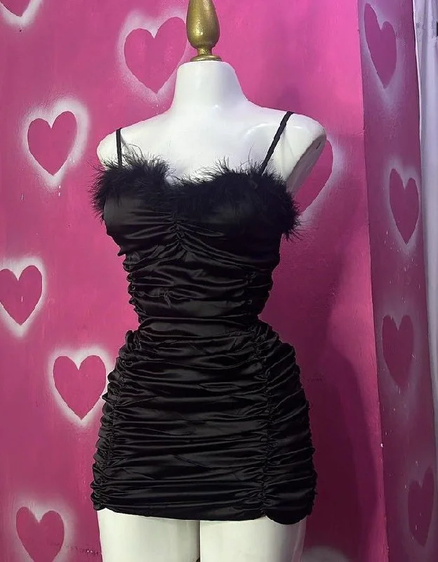 Black Straps Feather Sheath Satin Short Party Dress Homecoming Dress, MD7882 Tunics Vintage classic