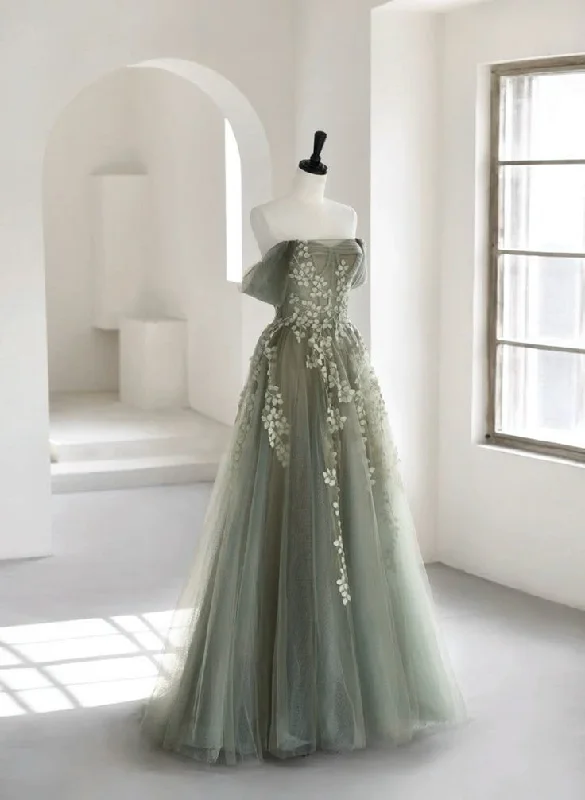 Dusty Green Off Shoulder A-Line Tulle Appliques Long Formal Party Dress, DP3612 Tunics Travel practical